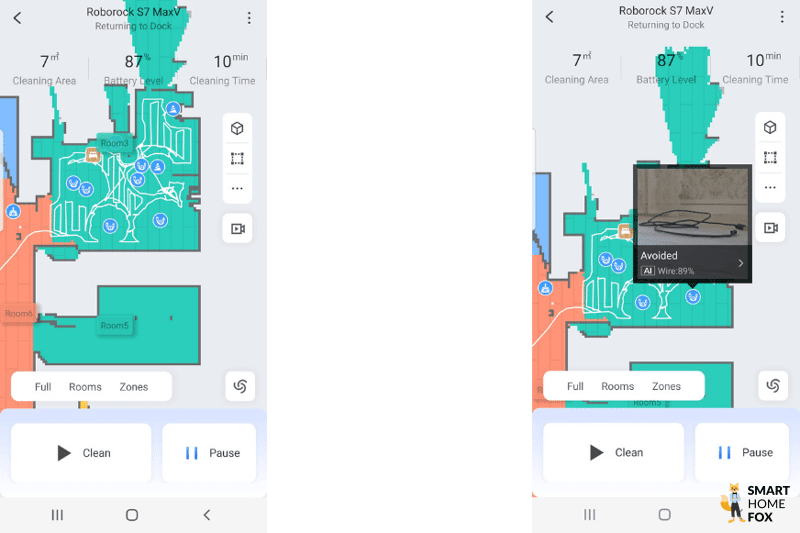 Свободные кабели обозначены как препятствия на карте Roborock S7 MaxV Ultra.